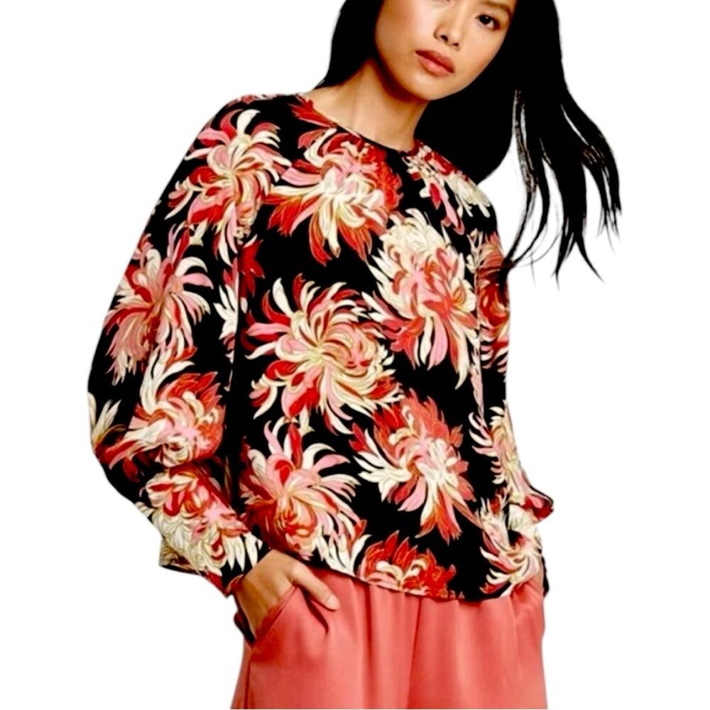 Who What Wear Top Round Neck Long Sleeves Black Red Floral Satin Women’s Size XL